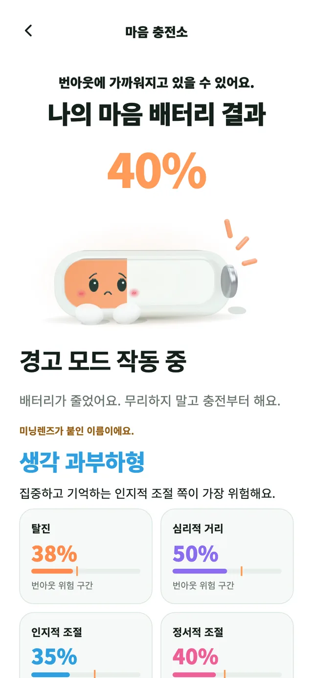번아웃 테스트 결과 화면, 배터리 40%